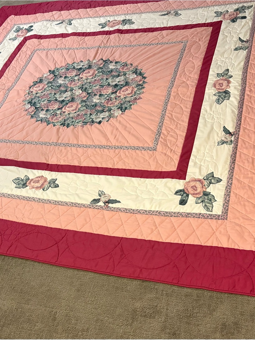 Handmade Floral Patchwork Quilt Bedspread - Pink & Rose